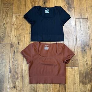 Lot of 2 Wild Fable Seamless Crop Top Ribbed Knit Scoop Neck Sz S Brown Black